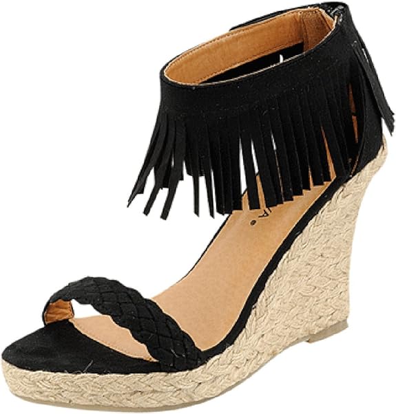 Amazon.com | Wild Diva Black Fringe Wedge Sandals Mirna302a (6.5) | Platforms & Wedges