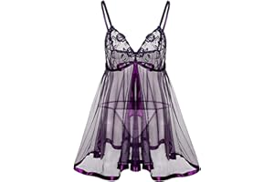 Plus Size Lingerie for Curvy Women,Sexy V Neck See Through Chemise,Purple Bow Pleated Skirt Dress,Sheer G-String Outfits