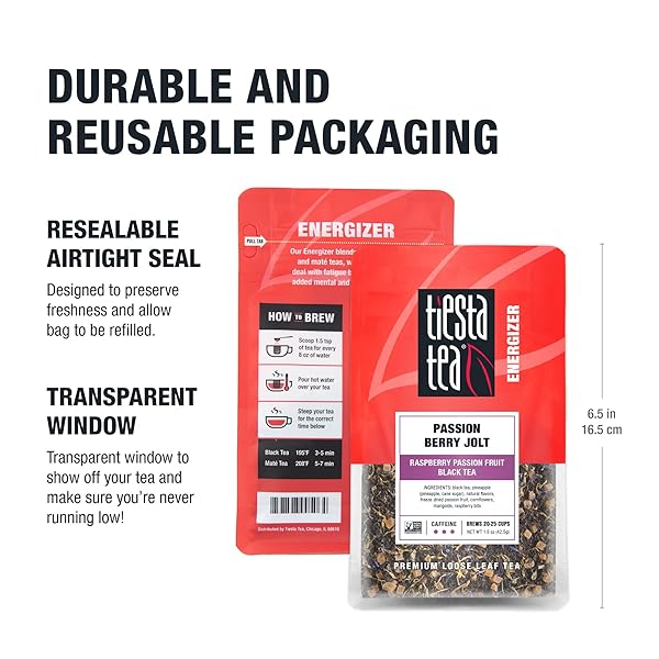 TIESTA TEA – PASSION BERRY JOLT | LOOSE LEAF | RASPBERRY PASSION FRUIT BLACK TEA | PREMIUM CAFFEINATED BLACK BLEND | MAKE HOT OR ICED & BREWS UP TO 25 CUPS | 1.5 OUNCE RESEALABLE POUCH