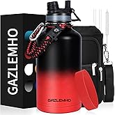 GAZLEMHO Insulated Water Bottle 64 oz, Half Gallon Water Jug Cold 48H, BPA Free Stainless Steel Bottles with Straw/Chug 2-in-1 Lid, Bag, Paracord Handle, Silicone Boot, Sports Gym School Metal Flask