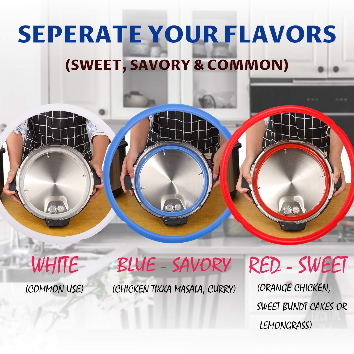 Sealing Rings for Instant Pot Accessories of 6 Qt Models - Red, Blue and Clear, Sweet and Savory Edition - 3 Pack BPA-Free Food-grade Replacement Silicone Seal Gaskets for Instpot 6 Quart
