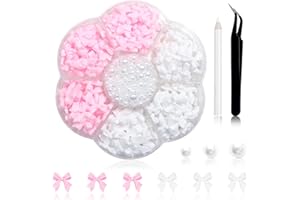 RODAKY 300Pcs Bow Nail Charms and Flatback Pearls,Pink White Bowknot 3D Cute Nail Charms for Acrylic Nail Supplies Design,3-5mm White Half Pearls for Nail Jewelry DIY Crafts Nail Art Decoration Accessories