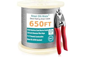 Steel DN Mate 650 FT 1/8'' T316 Stainless Steel Cable 7x7 Strand Core, 1800 lb Breaking Strength, Aircraft Cable for Cable Railing Kit, DIY Balustrade DW65