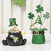 AOMOONOA St. Patrick’s Day Gnomes, 2Pcs Small Leprechaun Figurines for Irish Home Decor, Resin Green Elf Statues with Coins and Lucky Clover for Holiday Tabletop, Tiered Tray Decorations