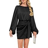 ZTMZA Cocktail Dresses for Women Formal Short Satin Dress Elegant Long Sleeve Crew Neck Tie Waist Wedding Party Mini Dress
