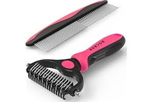 Docrok Pet Grooming Brush & Comb Combo, Cat & Dog Brush for Shedding & Dematting, Undercoat Rake for Long-haired Pets, Pink