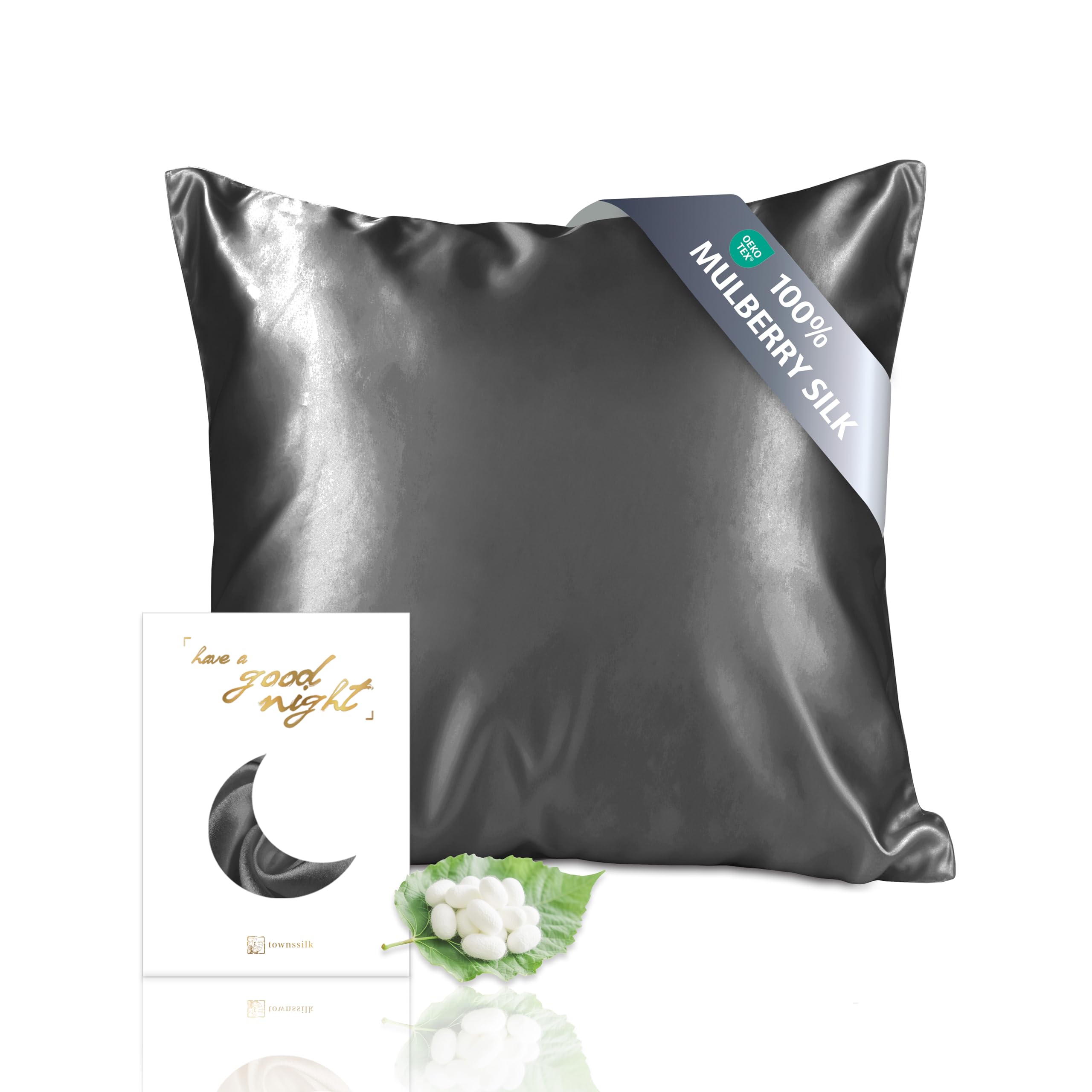 townssilk Both Side 100% 19mm Silk Pillowcase 80x80cm Pillow Case Cushion Cover with Hidden Zipper Darkgrey