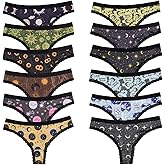 SYVIN Women's 12-Pack Allover Spooky Print Thong Underwear, Contrast Lace Trims Sexy Stylish Multiple Styles Assorted