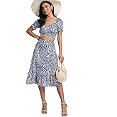 LYANER Women's 2 Piece Outfits Floral Self Tie Knot Crop Top and Midi Skirt Set