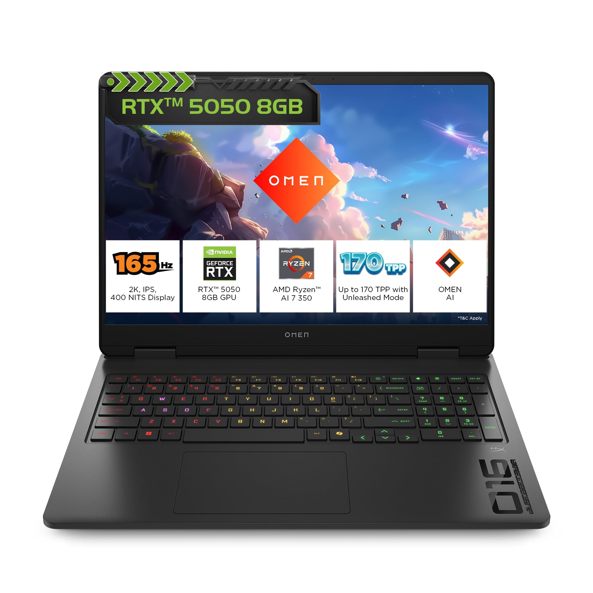 HP Omen, AMD Ryzen AI 7 350, 8GB RTX 5050, 24GB DDR5(Upgradeable) 1TB SSD, 165Hz, 2k WUXGA, 3ms, 400 nits, 16'(40.6cm) Win11, M365* Office24, Black, 2.44kg, ap0165AX, RGB, AI Gaming Laptop