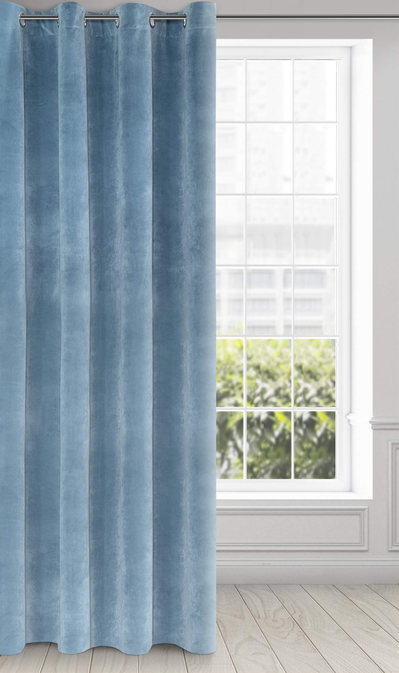 Eurofirany Soft Plain Opaque Velvet Curtain with Eyelets - 1 Unit, Thick Fluffy Panel Drape Classic Glamour Elegant Living Room Bedroom, W55'' x L98.4'', 140x250 cm, Blue