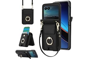 Asuwish Phone Case for Moto Razr 50/Moto Razr 2024 Wallet Cover with Ring and Crossbody Wrist Strap Lanyard Credit Card Holder Slot Stand Cell Leather Purse INE-LX1 Razor Razer Women Men Girls Black