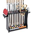 XCSOURCE Pool Stick Holder Floor Stand, 2-IN-1 Pool Cue Rack & Ping Pong Paddle Holder, 100% Solid Wood Holds 9 Cues Full Set of Balls, Billiards and Table Tennis Accessories for Man Cave, Game Room