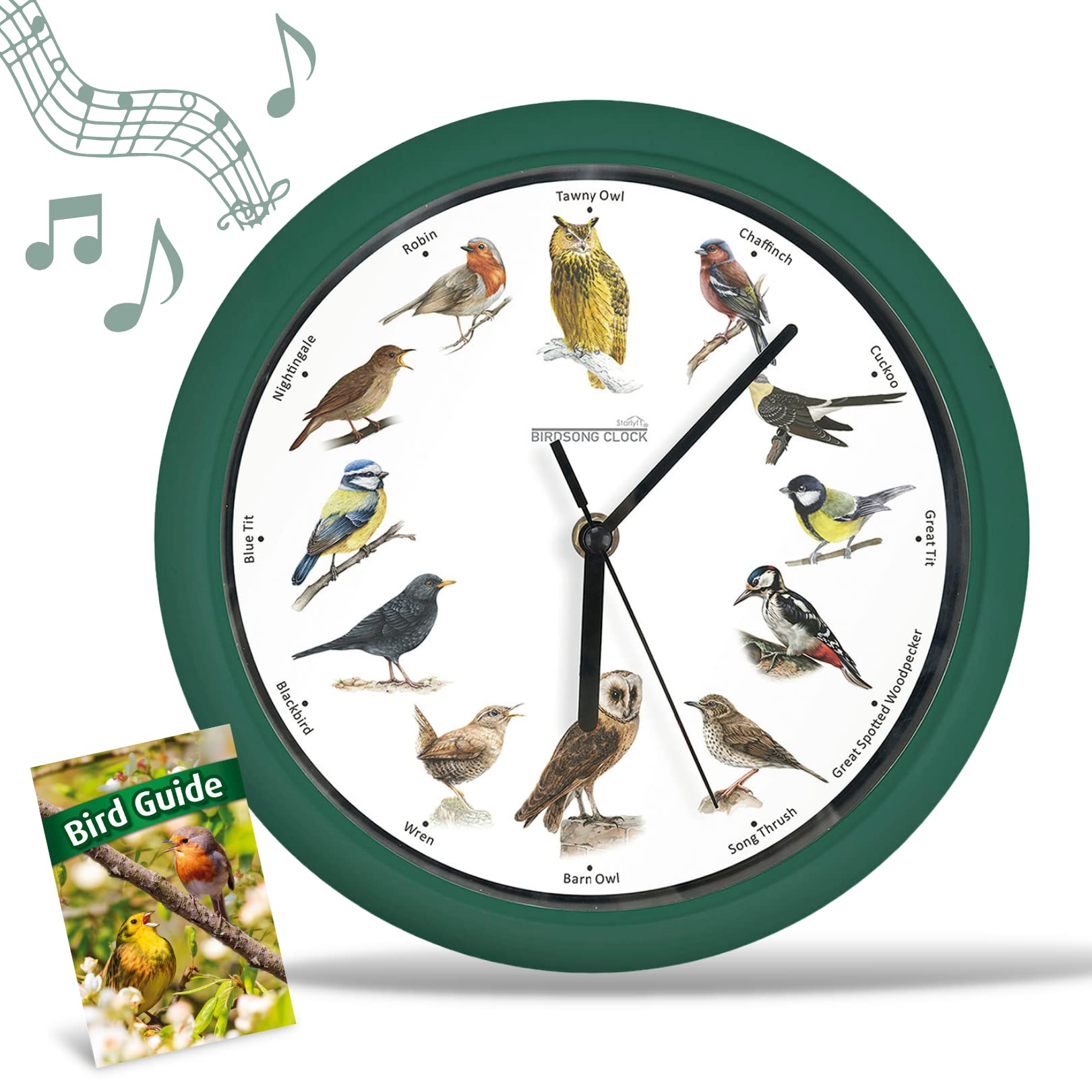 STARLYF Wall Clock Birdsong Clock, Original, With 12 native songbirds, Silence Time At Night, Original Nature Recordings, Home Decor, Non ticking