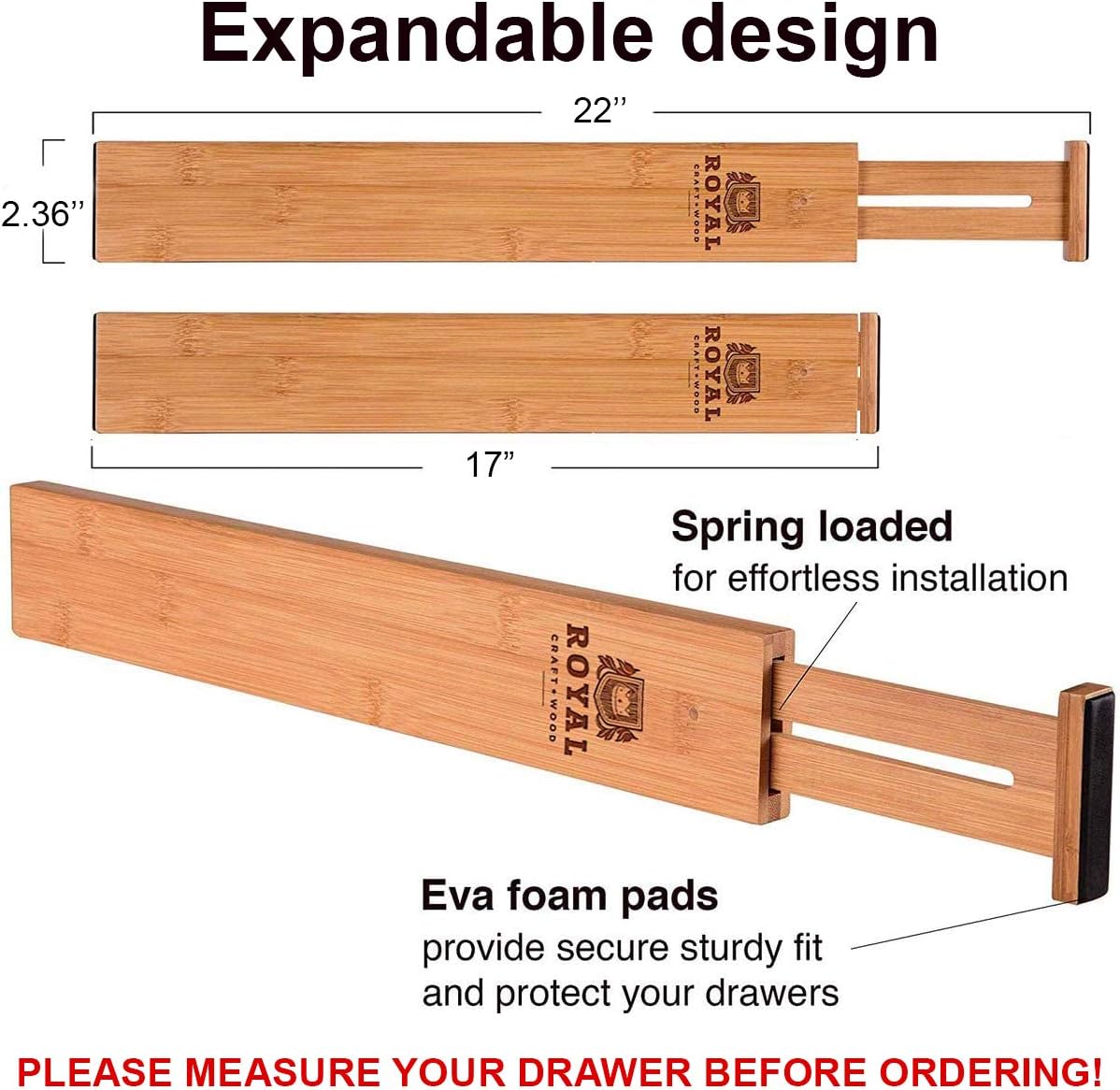 Adjustable Bamboo Drawer Dividers Organizers - Expandable Drawer Organization Separators For Kitchen, Dresser, Bedroom, Bathroom and Office, 4-Pack (17-22 IN, Natural): Home Improvement