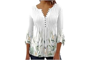 FARTEY Tunic Tops for Women Fall Smocked 3/4 Sleeve Blouses Fashion V Neck Button Pleated T-Shirts Loose Casual Work T-Shirt
