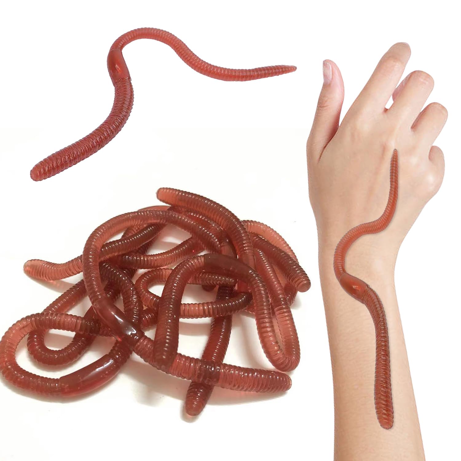 SYEYCW 12 Pcs Fake Earthworms, 18cm Realistic Fake Worms, Soft Stretchy Toys, Lifelike Worm Prank Trick Toy, Realistic Earthworms, for Halloween Decoration, April Fools Day Party Favor Gifts