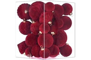 VAINECHAY Flocked Ornaments for Christmas Tree Decorations - 35pcs Burgundy Velvet Ball Ornament for Winter Holiday Decor - Plastic Shatterproof Xmas Ornaments Bulk