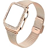 JOYOZY Stainless Steel bands Compatible For Apple Watch 40mm,Women Bling Protective Crystal Diamond Case with Loop Mesh Strap For Apple watch Series 6/SE/5/4 (No Tool Needed) (Rose Gold, 40MM)