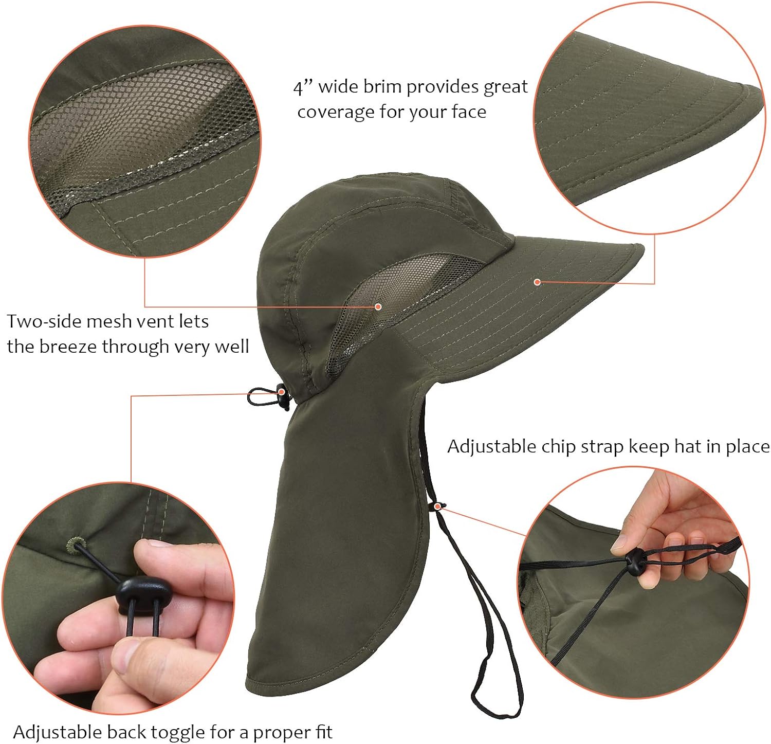 Sun Hat for Men with UV Protection Wide Brim Safari Hike Cap w/Neck Flap Cover : Clothing