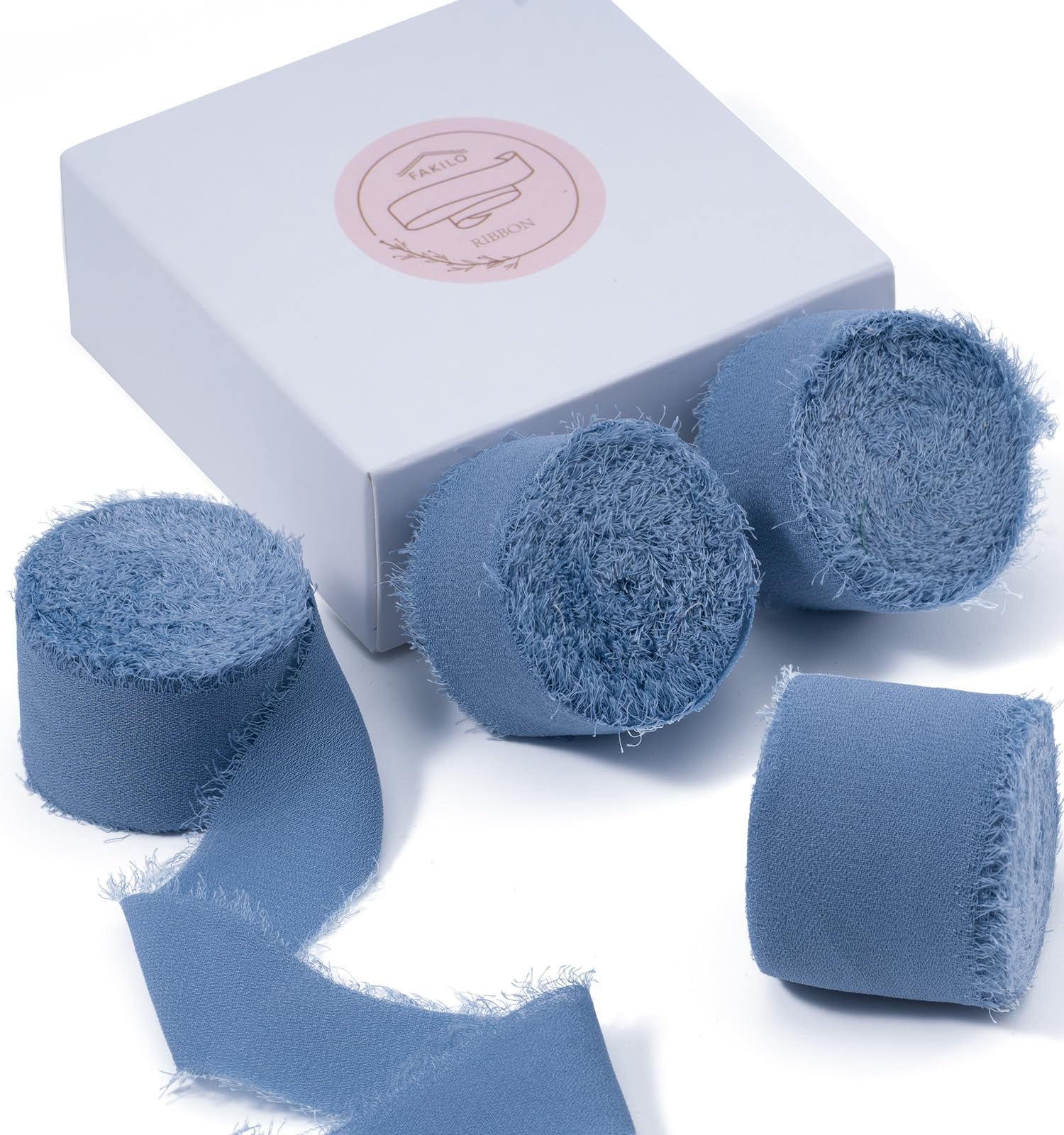 FAKILO Chiffon Ribbon With Handmade Fringe, Dusty Blue 4 Rolls 1'' X 5 Yd, 20 Yd Silk for Wedding Invitations, Bridal Bouquets, Gifts Wrapping, DIY Crafts
