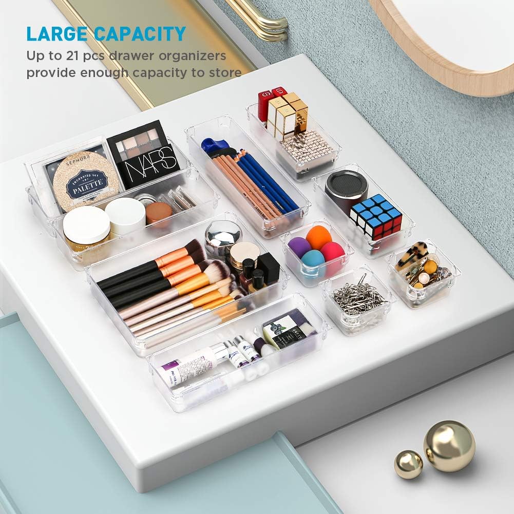 Kootek 21 Pcs Desk Drawer Organizer Trays 4-Size Bathroom Drawer Tray Plastic Storage Organizers Bins Customize Layout Dividers for Cosmetic Makeup Dresser Kitchen Flatware Cutlery Office Accessories: Home & Kitchen
