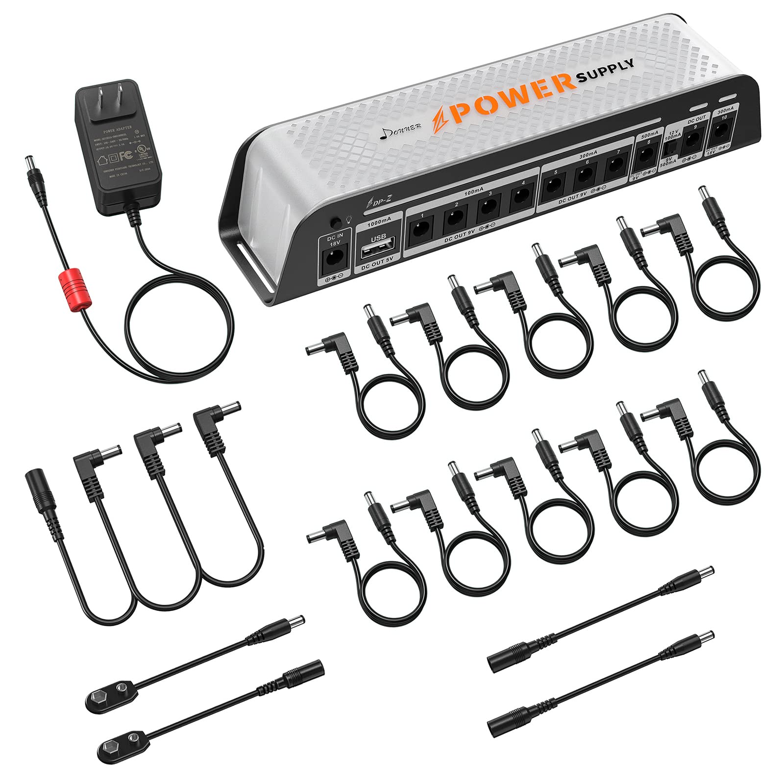 Donner DP-Z 9V Guitar Pedal Power Supply 10 Isolated DC Output with USB Port for 9V/12V/18V Effect Pedal DC 18v 2000m Input