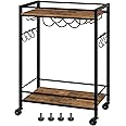 YATINEY Bar Cart, Home Bar Serving Cart, Drink Cart, Kitchen Cart with 6 Hooks, Beverage Cart with Wine Rack and Glass Holder, Wine Cart for Kitchen, Living Room, Rustic Brown and Black BC01BR
