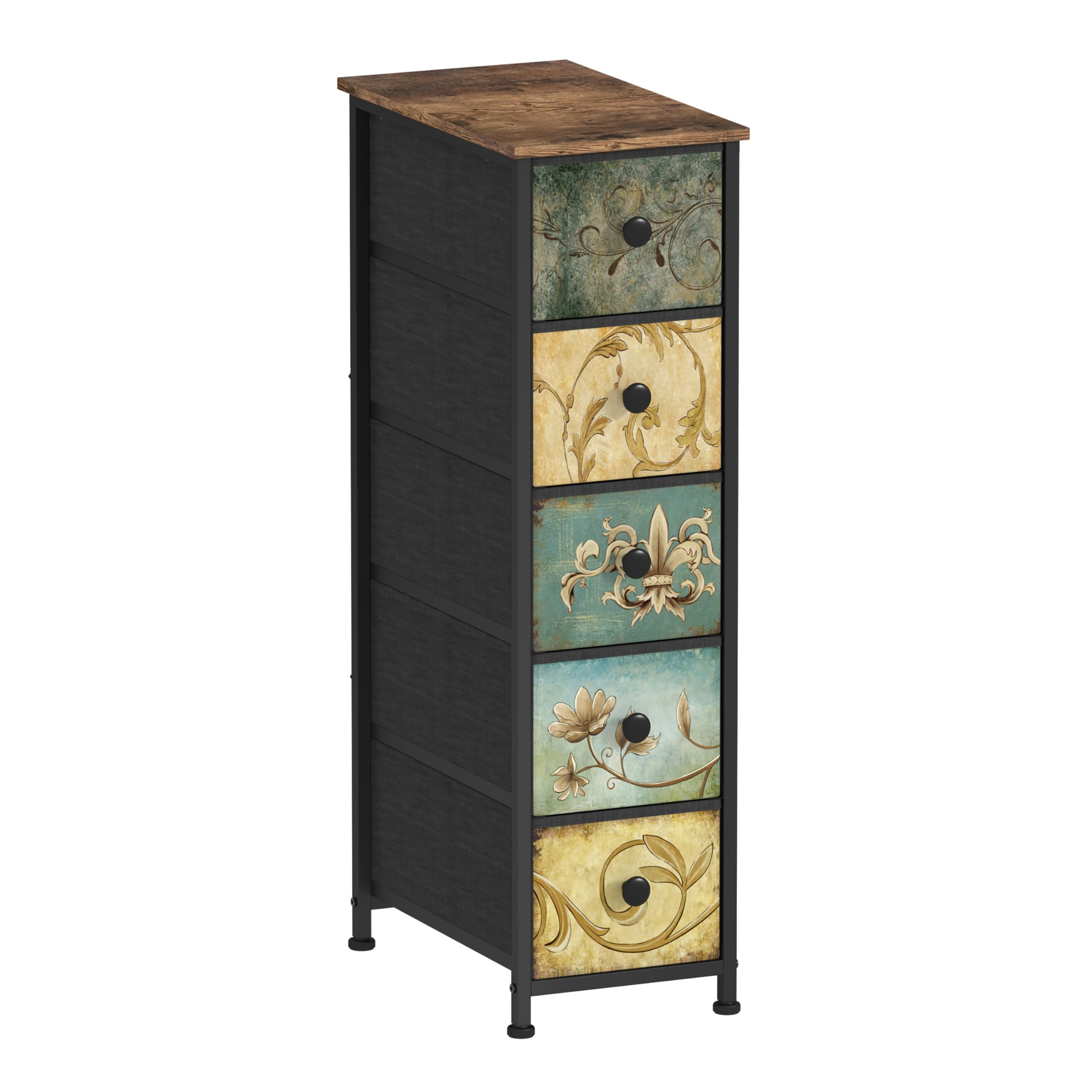 Photo 1 of Tohomeor Narrow Storage Dresser Slim Dresser with Retro Flowers Fabric Drawers Vertical Skinny Cabinet for Small Spaces,Bathroom,Bedroom Closet Nightstand,Entryway Organizer (Retro Flower, 5 Drawers)