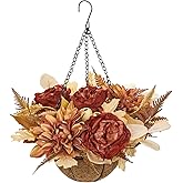Hollyone Fall Hanging Baskets Peonies Artificial Flowers Fall Hanging Decor Peonies Flowers Faux Plants Baskets for Indoor Outdoor Fake Peony for Porch Patio Garden Autumn Decorations for Home