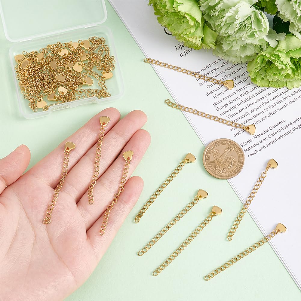 UNICRAFTALE 30pcs 60mm Golden Chain Extension Necklace with Heart Charms - Stainless Steel Chain Extender for Jewelry Making