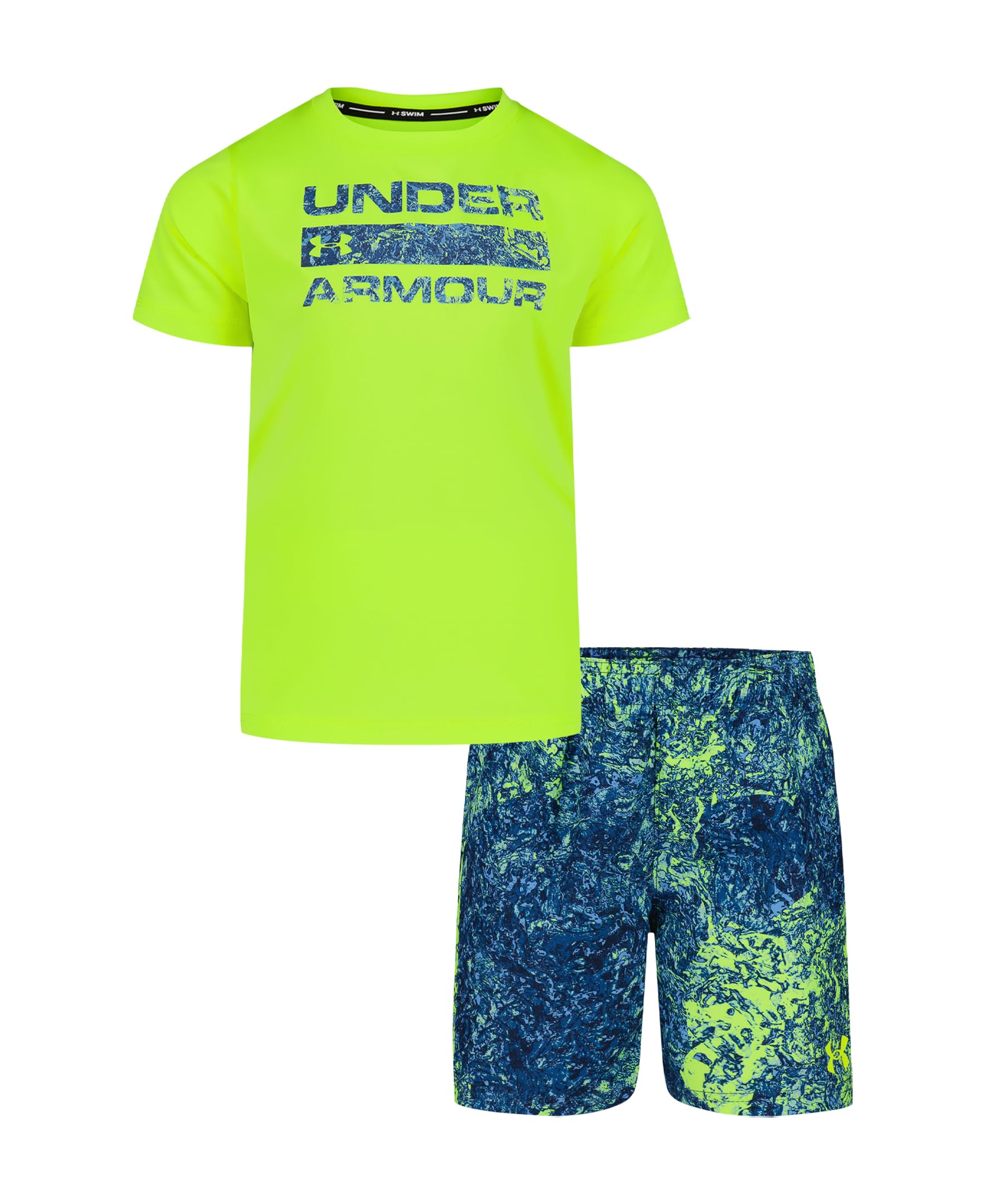 Under Armour Boys' 2-Piece Rashguard Swim Set, Short Sleeve Surf Shirt and Volley Trunks, UPF 50+ Sun Protection, Yellow Cork, 5 Image