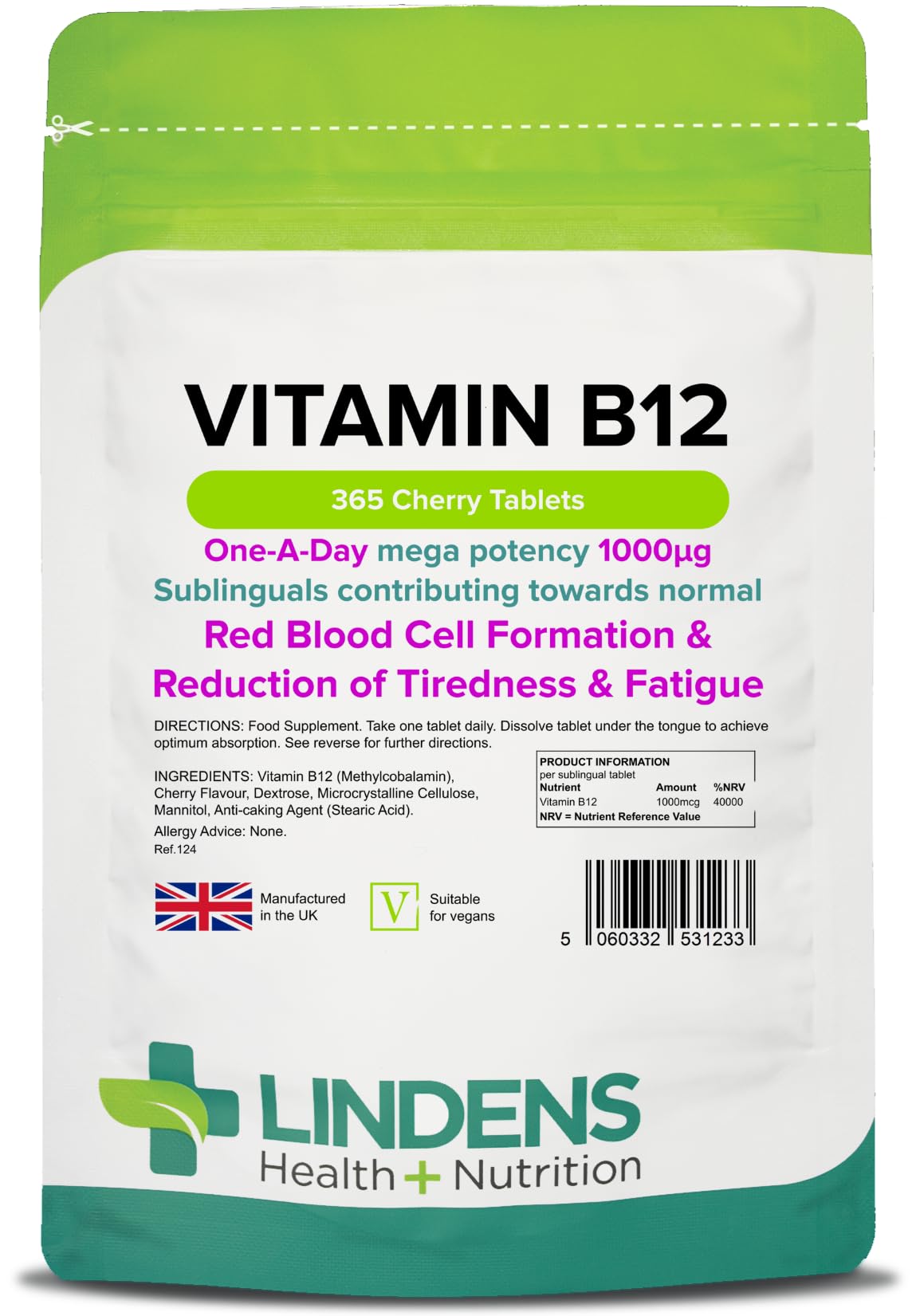 Lindens Vitamin B12 1000mcg Sublingual Tablets | 365 Pack | Contributing Towards Red Blood Cell Formation, Reduction of Tiredness & Fatigue