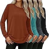 Oakgarden 4 Pack Women's Long Sleeve Sweatshirts, Crew Neck Cotton Tees Curved Hem Tunic Pullover Shirts Knit Loose Tops