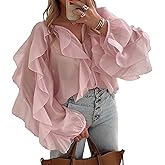 LETSVDO Women's Ruffle Chiffon Tops Puff Sleeve Sheer See Through Button Down V Neck Bubble Loose Casual Blouses Shirts