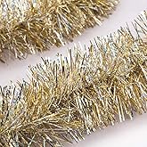 iPEGTOP 26.2ft Christmas Tinsel Garland, Classic Thick Colorful Reflections Shiny Sparkly Soft Party Hanging Tinsel Ornaments Ceiling Christmas Tree Decorations, 4 inch Wide - Gold