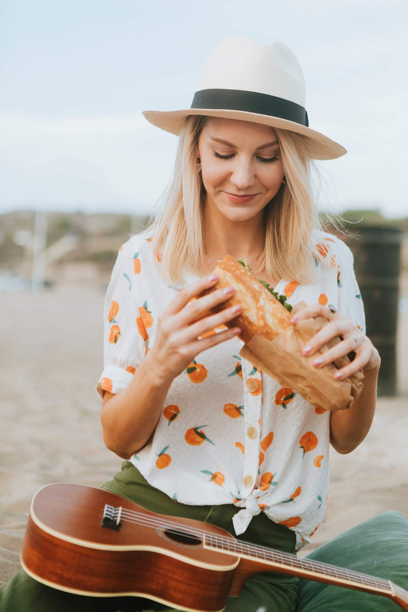 Women Wide Brim Straw Panama Roll up Hat Fedora Beach Sun Hat UPF50+ (Brown)