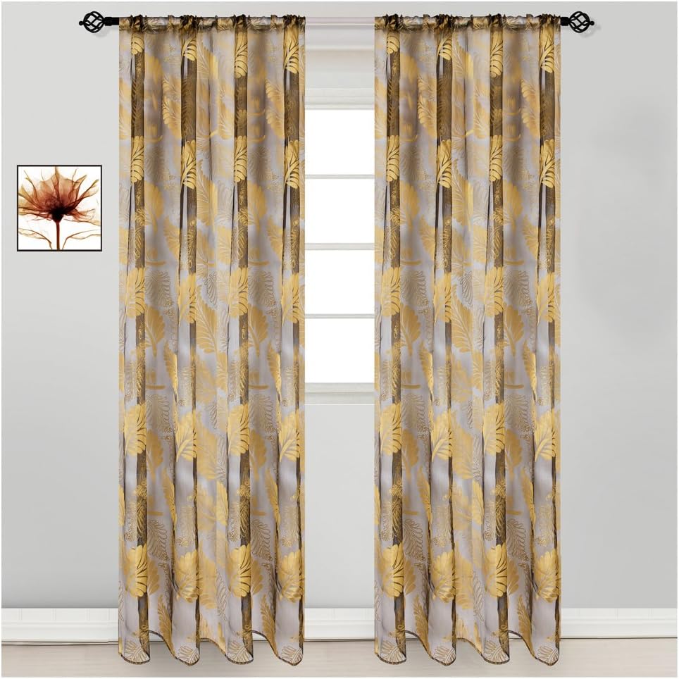 HOMTOD Sheer Curtains Window Curtain Panels For Living Room Single Panel Gold Leaf Pattern 54 By 96-Inch