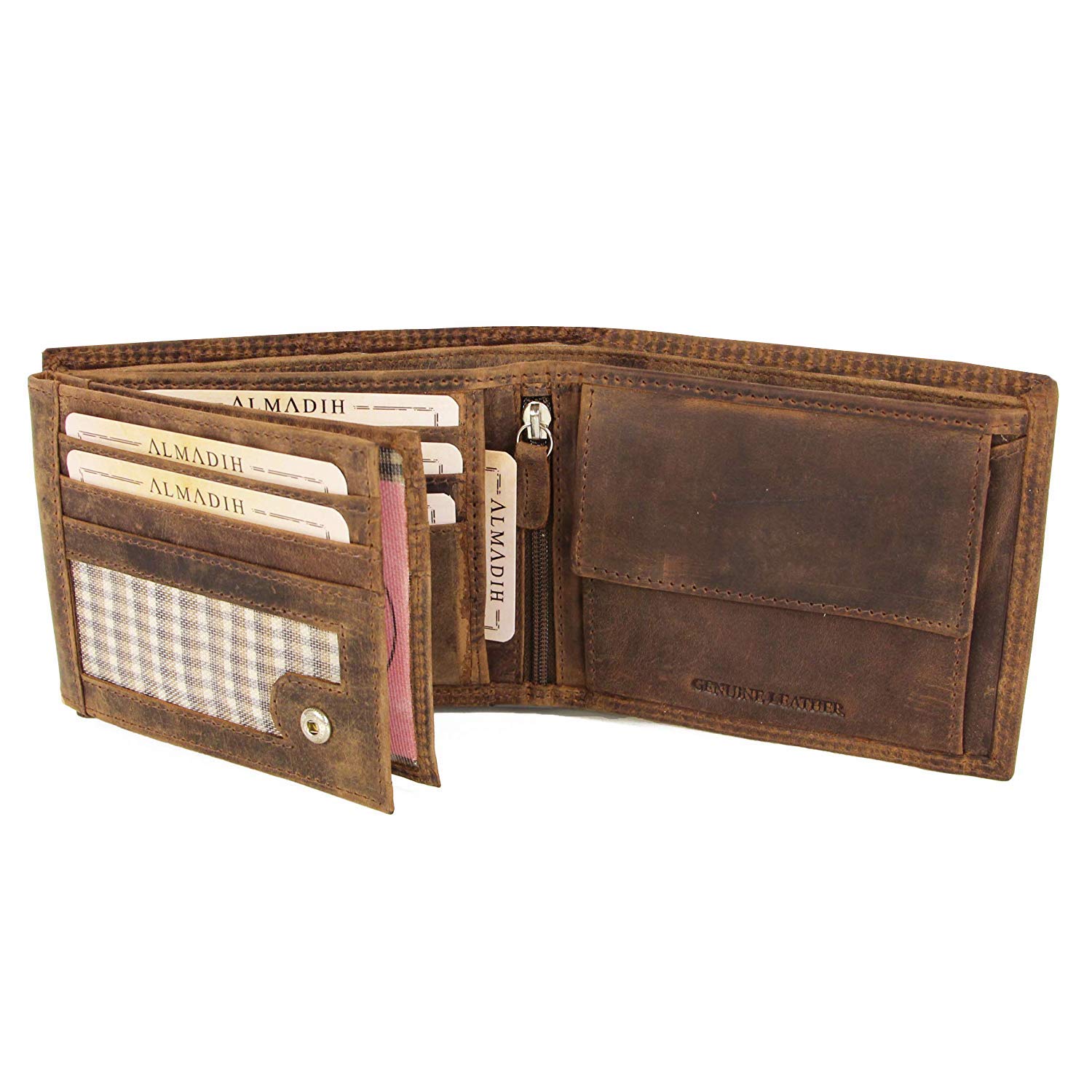 ALMADIH Premium Leather Wallet Portrait Format with Zip 17 Card Slots in Gift Box in Brown or Black P2H-RV - Leather Men's Women's Wallet Purse, P2q Brown Vintage, L, Vintage
