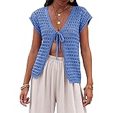 Saodimallsu Womens Tie Crochet Shrug Short Sleeve Open Front Lightweight Knit Cropped Cardigan Sweaters Cover Up