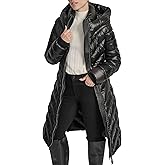 DKNY Women's Long Shiny Puffer Coat With Hood – Quilted Gloss Finish Winter Jacket