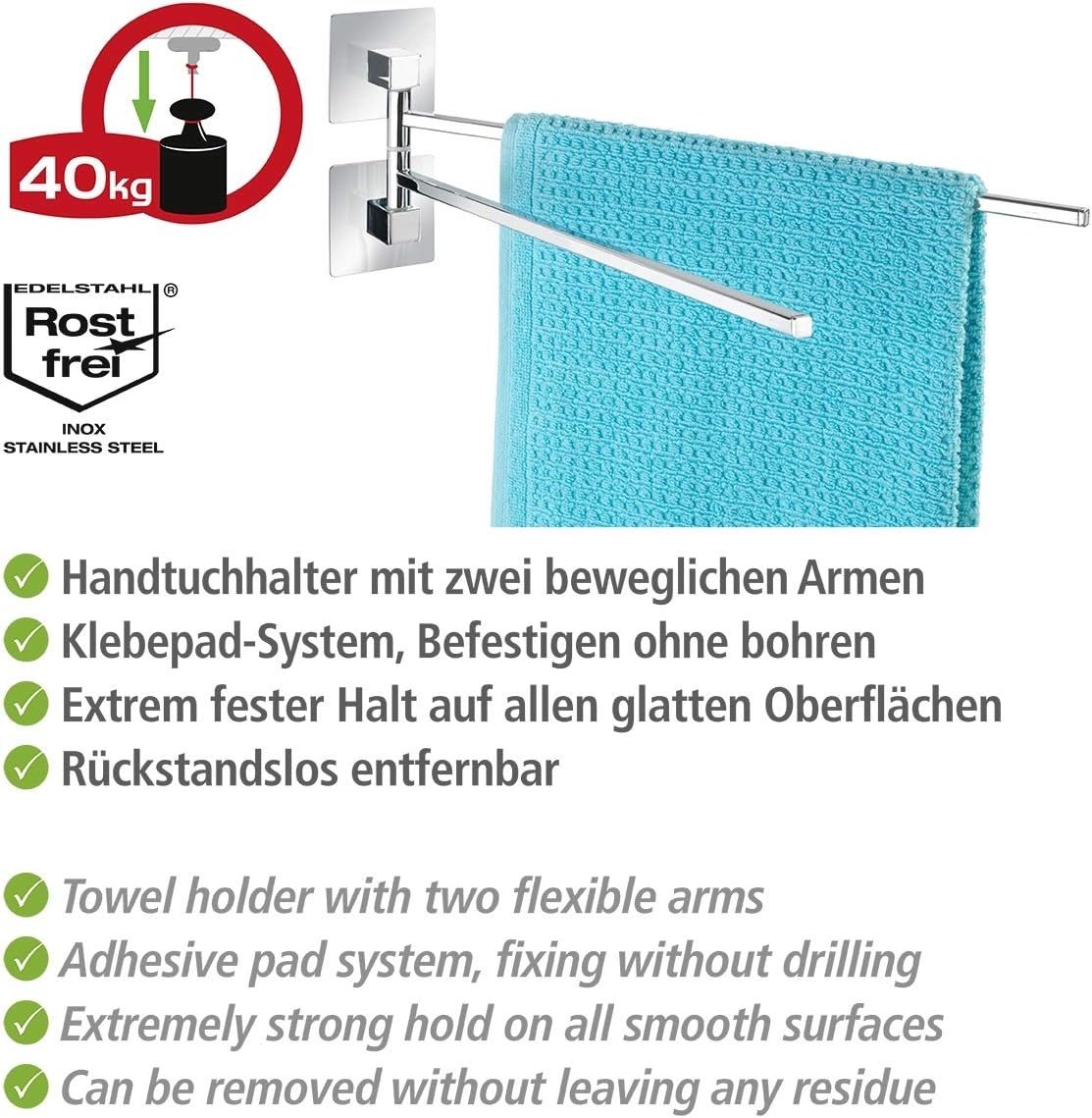 WENKO Turbo-Loc® Quadro Stainless Steel Towel Rail with 2 Arms, No Drilling Required, Rustproof Stainless Steel - Image 4