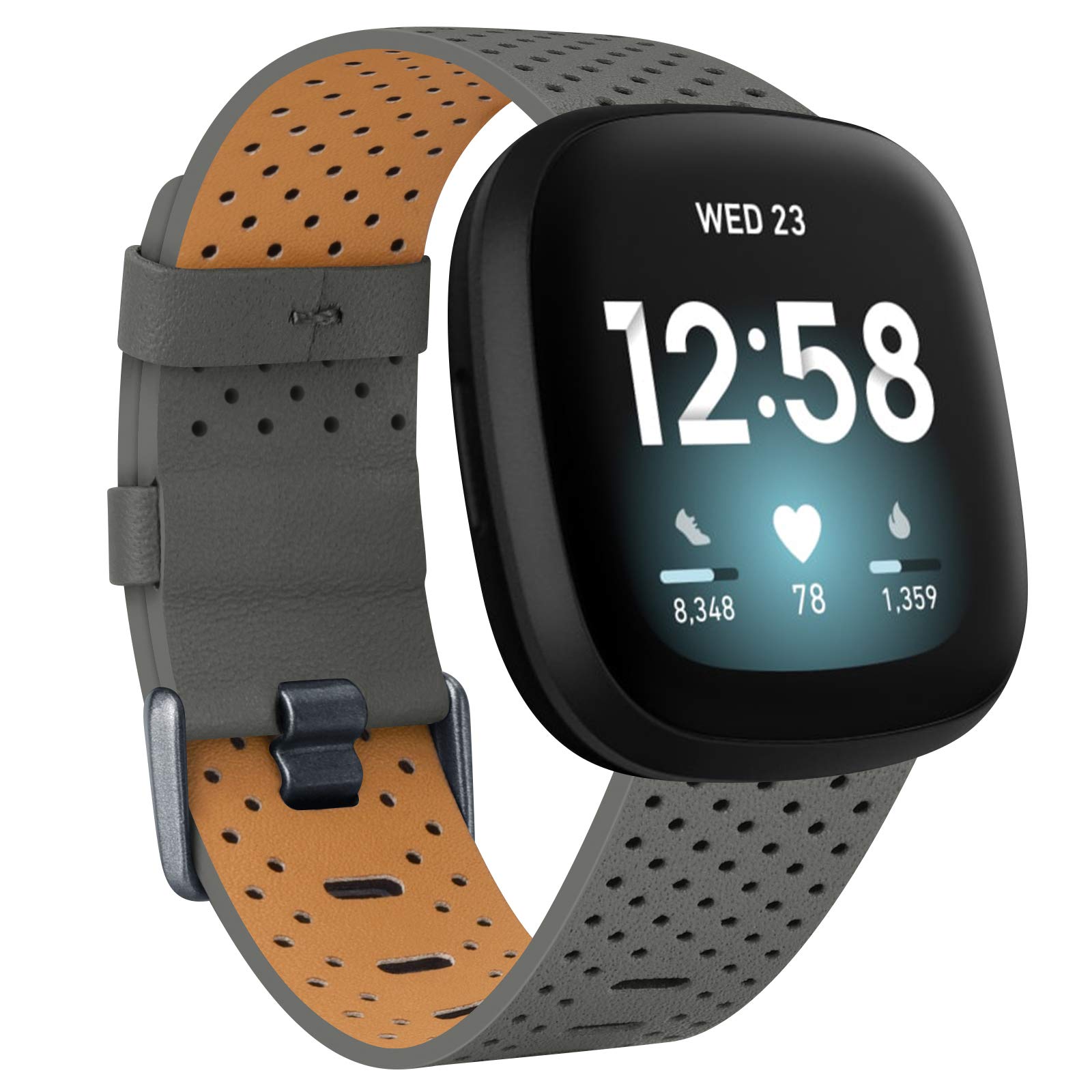 Strap Compatible with Fitbit Versa 3 / Fitbit Sense Strap Leather, Genuine Leather Replacement bands Compatible with Versa 3, Women Man (Large, Grey)