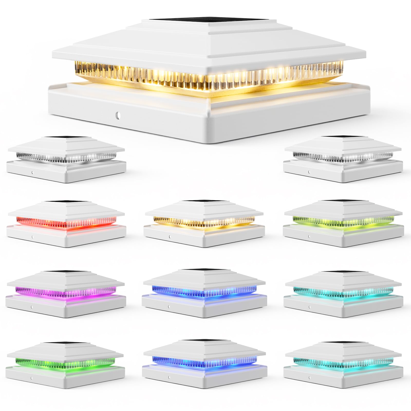 Photo 1 of 12Pack Solar Post Cap Lights - 8 RGB Color Changing Modes & Multicolor Flow, IP65 Waterproof - for 4x4/6x6 Wood & 4x4/55 Vinyl Fence Posts - Outdoor Deck, Patio, Garden Lights (White)