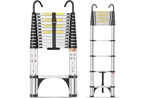 DEZEX Telescoping Ladder,12.5 FT Aluminum Lightweight Extension Ladder with 2 Triangle Stabilizers and 2 Detachable Hooks,Heavy Duty 330 lbs Max Capacity,Ideal for Home, RV, and Outdoor
