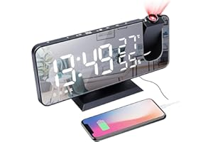 Mightree Projection Alarm Clock for Bedroom, Digital Alarm Clock with USB Charger, 7.4" Large LED Mirror Display Radio Alarm Clock, Dual Smart Alarm with Projection on Ceiling, Black