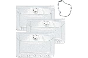 Mogoostry A8 Binder Pockets 3PCS Clear Coin Wallet 5 Holes Binder Pouches Snap Closure Clear Glitter Change Purse Card Holder Keychain Pouch Organizer