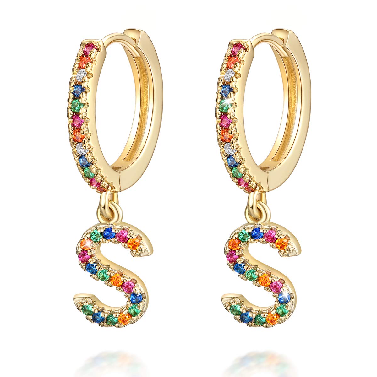 Initial Hoop Earrings for Women Girls 14K Real Gold Plated Colorful Cubic Zirconia Personalized Rainbow Letter S Huggie Earrings Jewelry Gift for Her