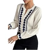 SOLY HUX Women's Floral Long Sleeve Button Down Blouses V Neck Fall Work Shirt Office Tops