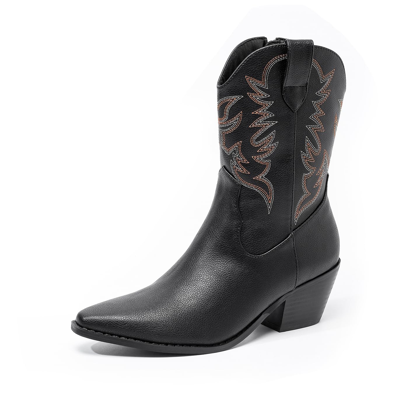 Amoji Women Western Cowboy Boots Cowgirl Mid Calf Boots Pointed Square Toe Pull On FZD307 Black Size 8